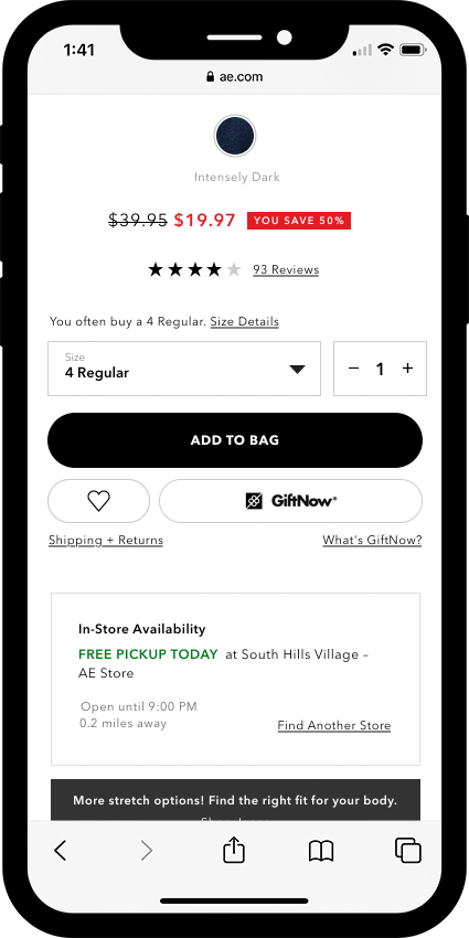 mobile screen showing size 4 recommendation above the size picker on pdp